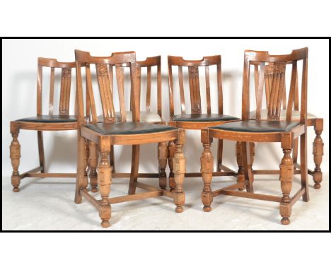 A set of 6&nbsp; 1930's Art Deco oak dining chairs being raised on block and turned legs with stretchers having drop in seats
