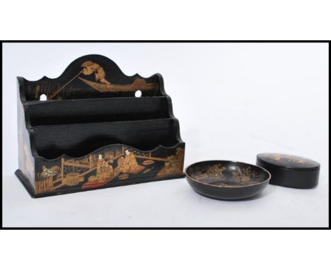 A group of three vintage early 20th century Japanese lacquer desk items to include desk tidy, trinket pot and snuff box. Each