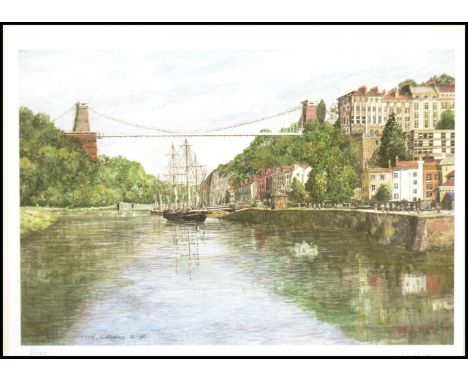 A local interest Bristol suspension bridge limited edition print by Jon Moore depicting a sailing ship passing below the brid