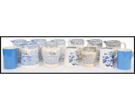 A collection of 19th Century Staffordshire blue and white transfer printed ceramic measuring jugs, to include seven matching 