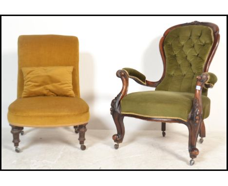 A 19th Century Victorian walnut spoon back armchair, button back upholstery raised on carved scroll supports, on later castor