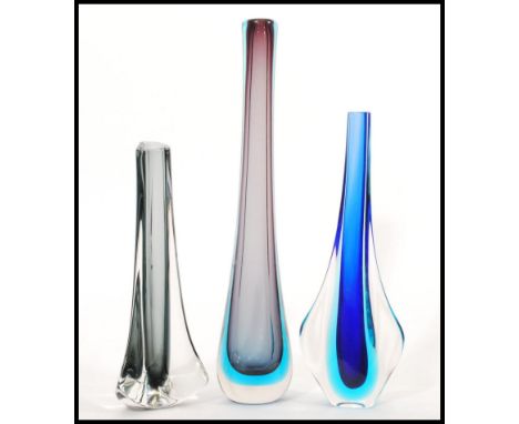 A collection of three pieces of retro 20th Century studio art glass vases, to include an example by Sommerso, Whitefriars Tri