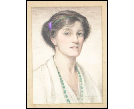 An early 20th Century framed and glazed pastel sketch picture of a young women, dressed in period clothing with a jade neckla