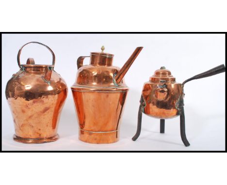 A group of three 19th century Victorian copper wares to include a kettle teapot with shaped curved handles and short cylindri