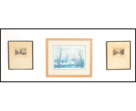 A framed and glazed landscape print by Helen Bradley, signed in the margin in pencil with gallery stamps together with a pair