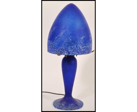 After Emile Galle - An Art Nouveau style glass desk / table lamps in a matt navy blue and dark blue colourway having a tulip 