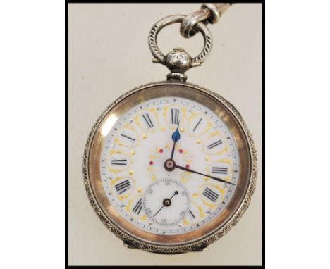 A fantastic 19th century Victorian continental silver 935 ladies key wind pocket watch having a white enamel face with Roman 