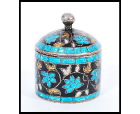 A vintage 20th century silver cloisonne trinket / pill pot of cylindrical form with ball finial lid. Unmarked but tests as si