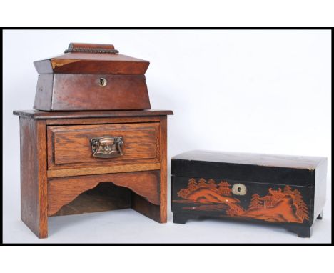 A collection of wooden boxes to include a Georgian tea caddy with twin caddys to the inside with ivory ball handles, a Chines