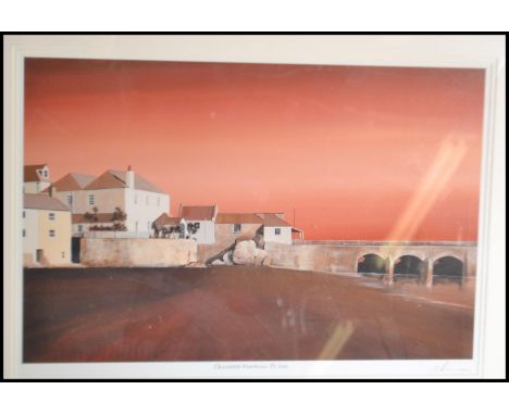 A contemporary print depicting Chocolate Harbour in St Ives Cornwall at sunset having red hues offset by a white bleached woo
