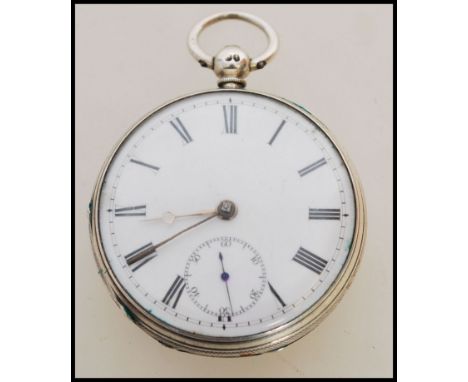 A 19th century Victorian silver hallmarked pocket watch having a fusee movement. The white enamel face having a Roman numeral