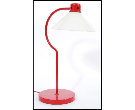 A vintage retro 20th Century red desk lamp, possibly by Terence Conran for Habitat, circular base with adjustable goose neck 