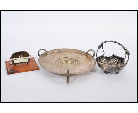A silver plated Art Nouveau dish by Mappin and Webb together with a desk calendar and tricket bowl / dish.