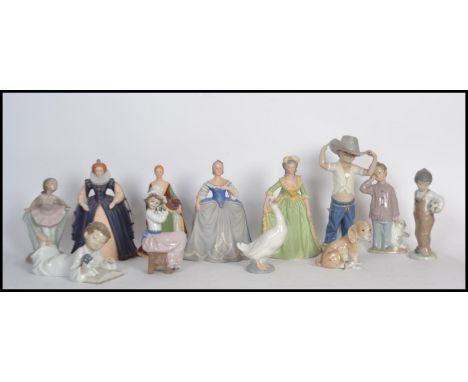 A selection of nao ceramic figurines to include a boy and teddy bear figurine, a boy in a cowboy hat, a girl reading a book, 