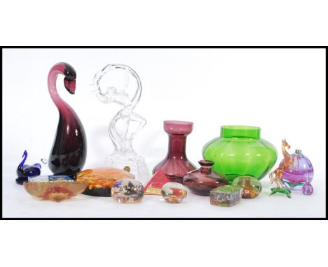 A group of vintage 20th century studio art glass to include retro coloured glass wares, signed Bristol blue swan etc. Tallest