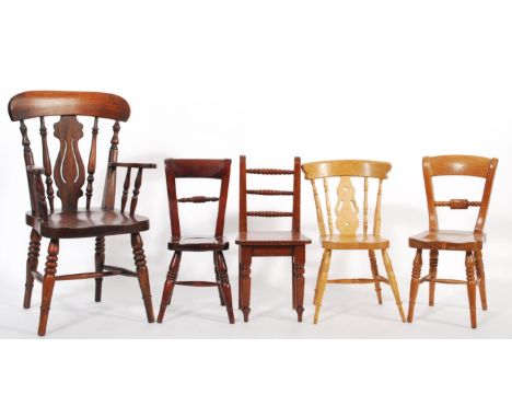 A selection of miniature chairs to include two Oxford bar back chairs, two pierced splat back chairs and a ladder backed chai