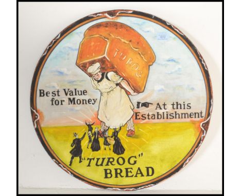 A contemporary recreation of a circular enamel advertising sign for Turog Bread, the sign hand painted on chipboard depicting