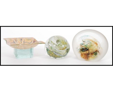 A group of three vintage 20th century studio art glass to include Alam Bay Jane Charles and Anne Wood. Paperweights and squar