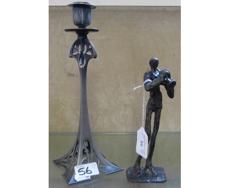 Art Nouveau candlestick in metal together with a bronze figure of a bugler (2)
