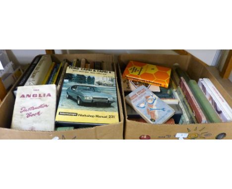 Two boxes of hardback books including several on bee-keeping, a Ford Capri workshop manual and an Anglia instruction book
