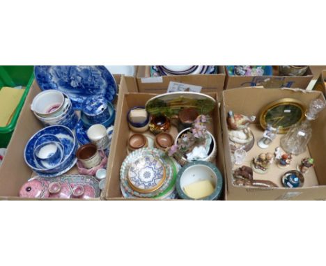 Three boxes of miscellaneous including blue and white, dressing table set, Hummel figures, mallet shaped decanter, brass fram