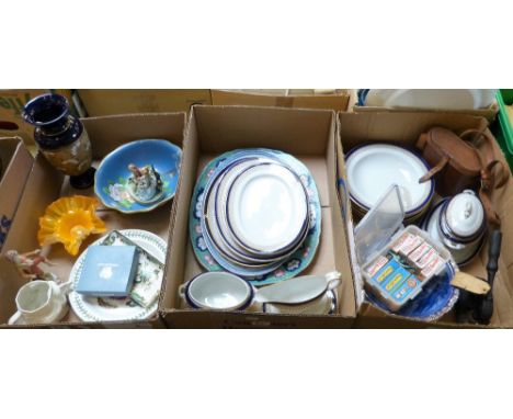 Three boxes of miscellaneous including Royal Worcester graduated plates and other dinner ware, decorative plates, Wedgwood, M