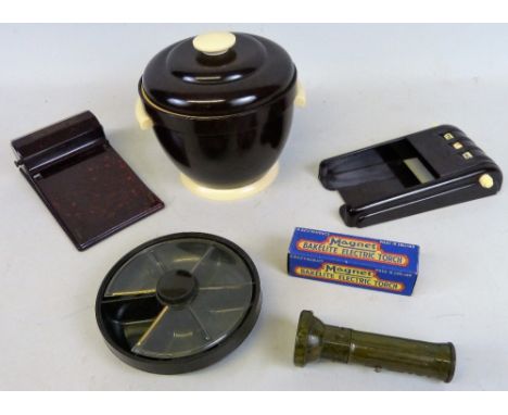 A quantity of Bakelite to include; a cream and black vintage Thermos 1950's ice bucket with strainer, model no. 931, a boxed 