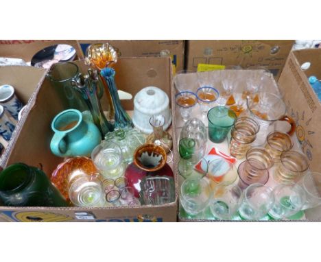 Two boxes of mainly glassware including lemonade set, jelly mould, Alan Wilson commemorative ashtray, vases, jugs, ceiling li