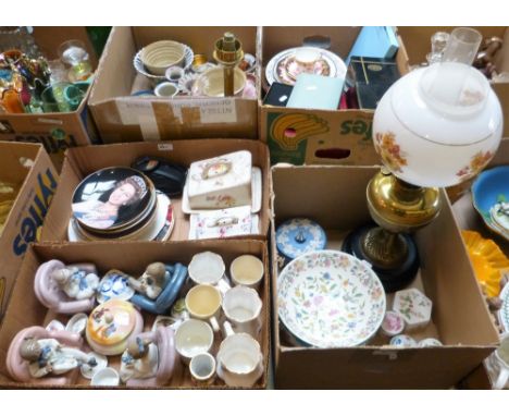 Three boxes of miscellaneous including oil lamp, Minton bowl, Wedgwood collector's plates, camera, cheese dishes, commemorati