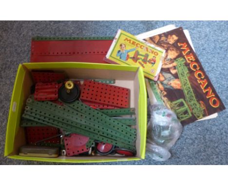 Meccano - A quantity of loose sections in red and green probably from Set No.6 together with box label and instruction manual