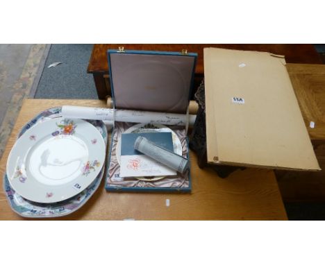 An octagonal carved wooden stool with folding base together with small portfolio of prints, a Spode commemorative plate with 