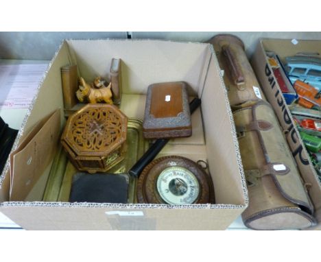 Two pairs of bowling woods in cases together with a box of miscellaneous, including a pair of bookends, barometer, brass tray