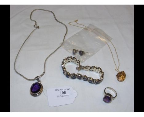 Amethyst and silver set - bracelet, ring, pendant and earrings 