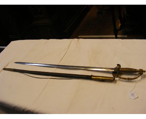 A 92cm ceremonial sword with leather scabbard CONDITION REPORTno jiggle to pommelblade 75cmscabbard 78.5cmgrip wires intact