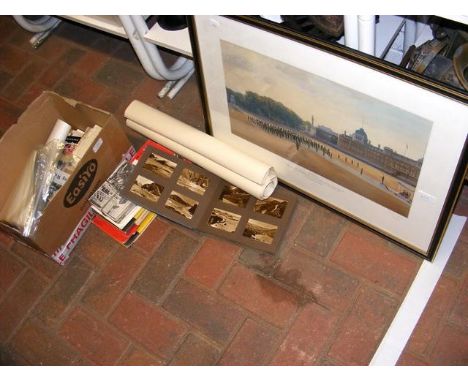 Various postcards and ephemera together with a framed coloured print of marching bands