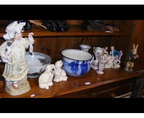 A pair of Royal Doulton Staffordshire mantel dogs - model 1378-6 - in the company of assorted collectables 