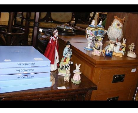 A Jena ceramic owl, Royal Worcester figure of Queen Elizabeth, collectors plates etc