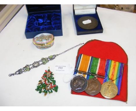 A First World War trio awarded to J Reid, including a mercantile marine medal, Halcyon Days enamel box, RSA medal etcCONDITIO