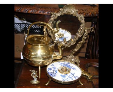 A brass and ceramic lamp, brass kettle, together with other brassware