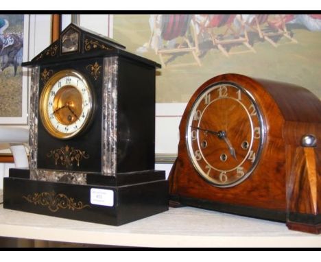 A Victorian slate and marble single train mantel clock, together with a 1930's walnut clock