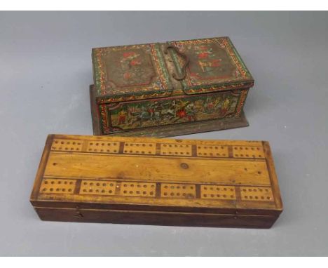 Mixed Lot: vintage cribbage board and card case together with a Huntley & Palmers novelty biscuit tin (2) 