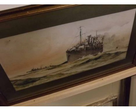 UNSIGNED, watercolour and pen, Ships on rough sea, framed and glazed, 24" wide in total 