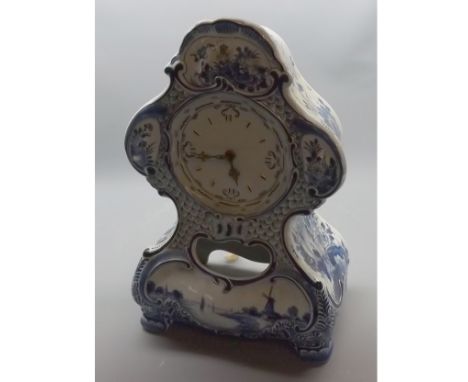 Modern Delft mantel clock, with quartz movement, approx 16" high 