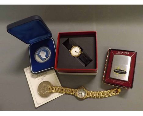 Mixed Lot: boxed Zippo lighter, cased Cook Islands dollar piece, two modern wristwatches etc