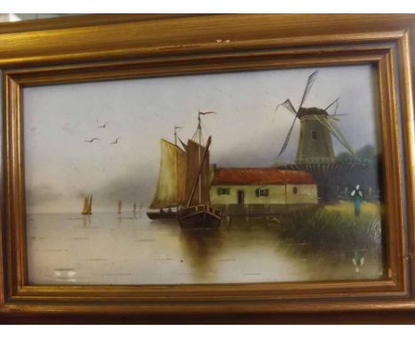 CERAMIC TILE, Dutch scene with windmill and boats, 4" x 7" 