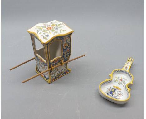 Mixed Lot: Quimper novelty salt dish formed as a guitar and a further Quimper model sedan chair, largest piece 5" high (2) 