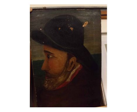 UNSIGNED 19TH CENTURY OIL ON CANVAS, na ve portrait, head and shoulders of a bearded gent, unframed, 18" high 