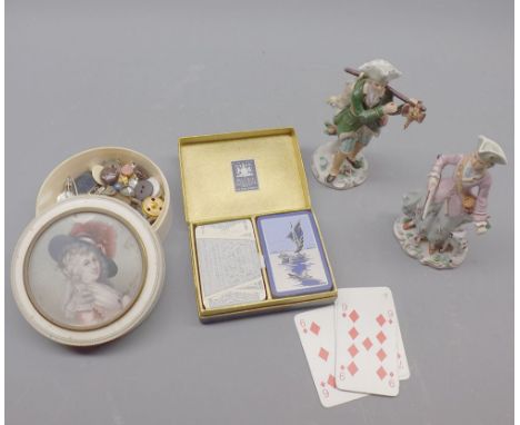 Mixed Lot: early 20th century circular dressing table box inset with miniature portrait together with two small Sitzendorf fi