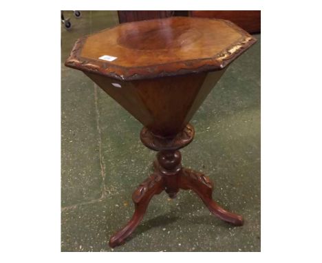 Victorian burr walnut veneered trumpet shaped former work table, raised on a tripod base  