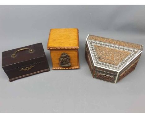 20th century light oak tea caddy, Anglo-Indian letter box, and a small mahogany fitted box 